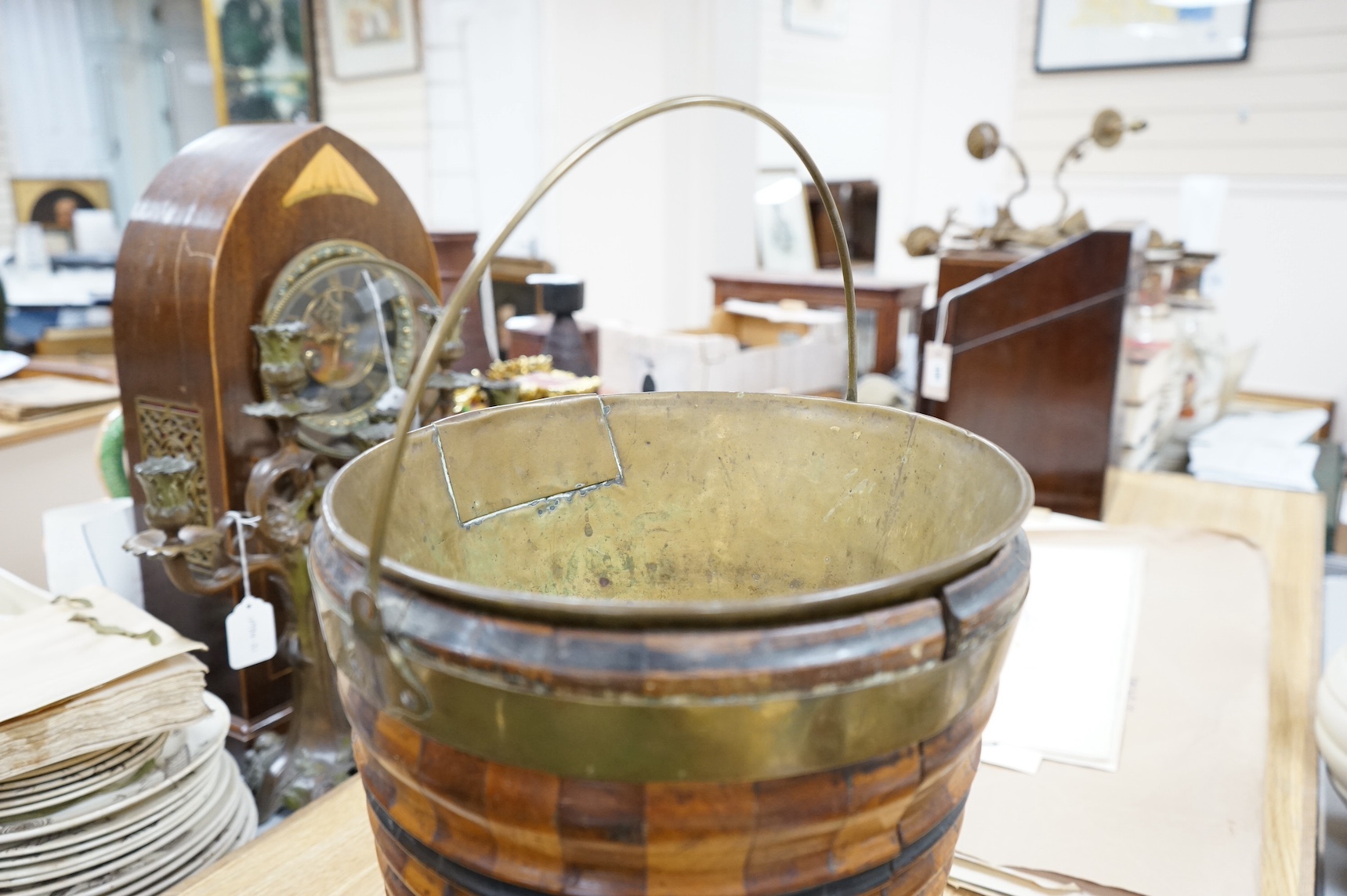 A 19th century Dutch marquetry oyster bucket with swing handle, 33cm high. Condition - fair